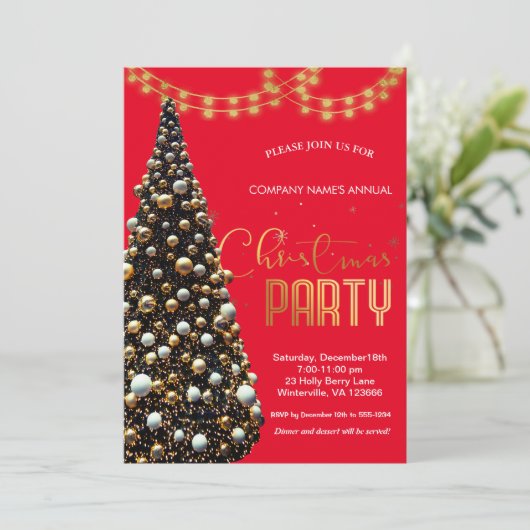 Elegante gouden feestelijke kerstboom, rood kaart (Staand voorkant)