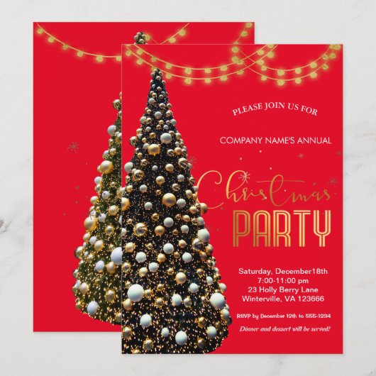 Elegante gouden feestelijke kerstboom, rood kaart (Voorkant / Achterkant)
