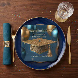 Elegante gouden filigraaf afstudeerhoed teal ballo papieren bordje