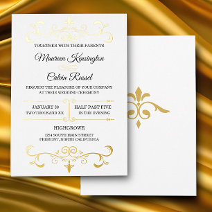 Elegante gouden filigraan op wit, trouwen folie uitnodiging