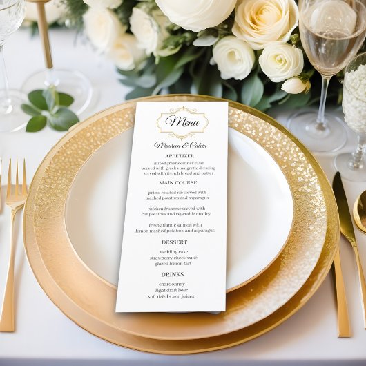 Elegante gouden filigraan op witte bruiloft menu