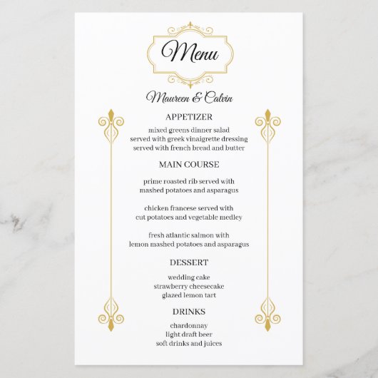 Elegante gouden filigraan op witte bruiloft Menu B (Voorkant)