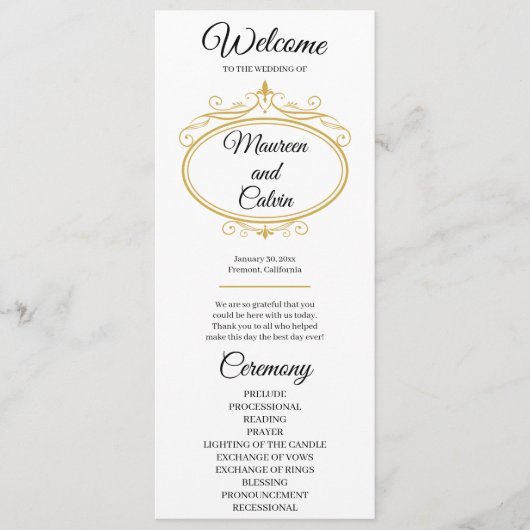 Elegante gouden filigraan op witte bruiloft progra menu (Voorkant)