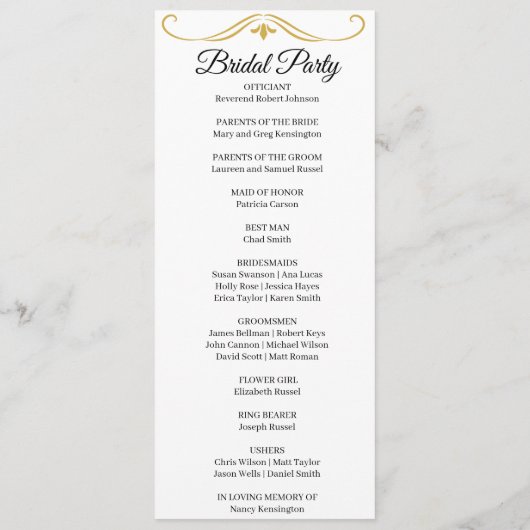 Elegante gouden filigraan op witte bruiloft progra menu (Achterkant)