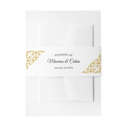Elegante gouden filigraan op witte bruiloft uitnodigingen wikkel (Voorkant Voorbeeld)