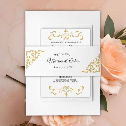 Elegante gouden filigraan op witte bruiloft uitnodigingen wikkel