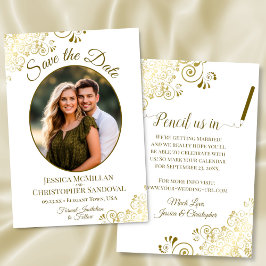 Elegante gouden filigraan op witte ovale trouwfoto save the date