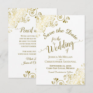 Elegante gouden filigraan op witte trouw save the date