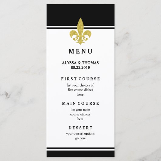 Elegante Gouden Fleur de Lis Zwart en Wit Menu (Voorkant)