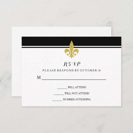 Elegante gouden Fleur de Lis zwart en wit RSVP (Voorkant / Achterkant)