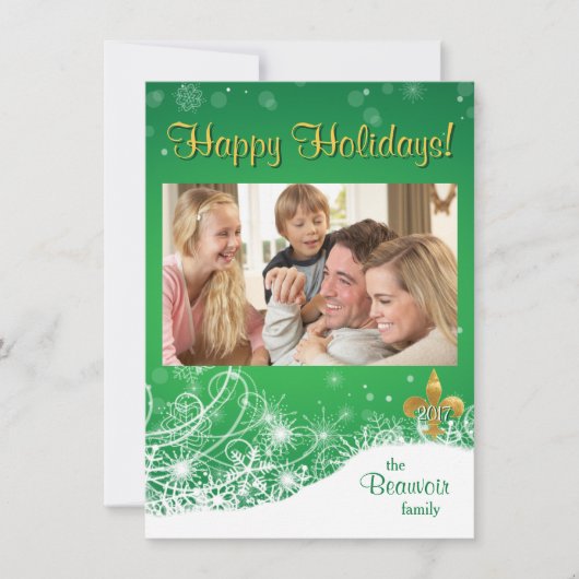 Elegante gouden Fleur Green Holiday Custom Photo C Feestdagenkaart (Voorkant)