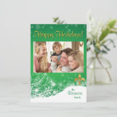 Elegante gouden Fleur Green Holiday Custom Photo C Feestdagenkaart (Staand voorkant)
