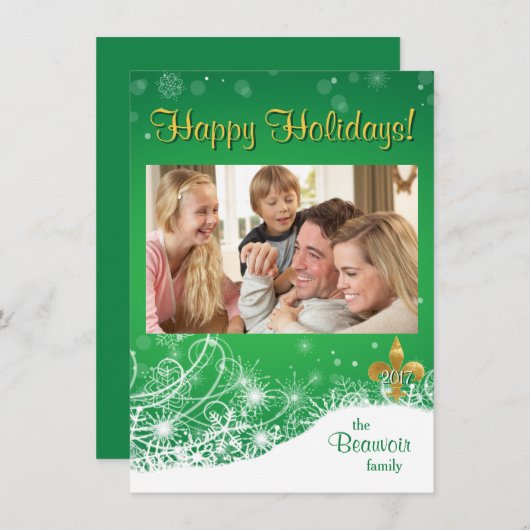 Elegante gouden Fleur Green Holiday Custom Photo C Feestdagenkaart (Voorkant / Achterkant)