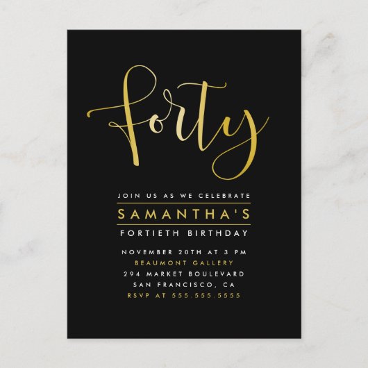 Elegante gouden folie 40e verjaardagsfeest uitnodi uitnodiging briefkaart (Voorkant)