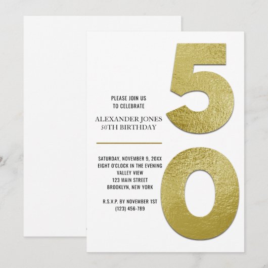 Elegante Gouden Folie 50e Verjaardag Uitnodiging (Voorkant / Achterkant)