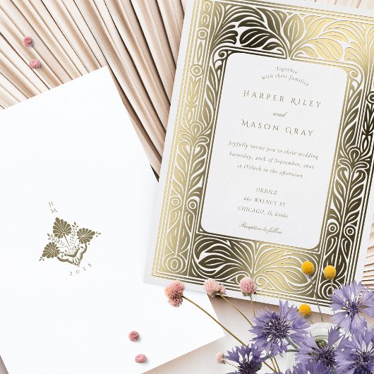 Elegante gouden folie Art Deco bruiloft Folie Uitnodiging