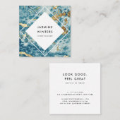 Elegante gouden folie blauw marmer waterverf diama vierkante visitekaartje (Voorkant / Achterkant)