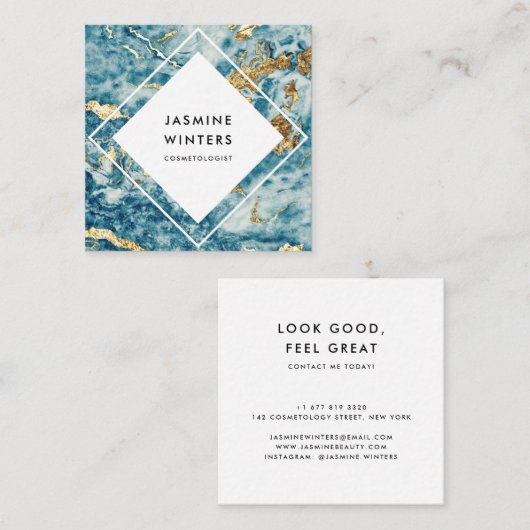 Elegante gouden folie blauw marmer waterverf diama vierkante visitekaartje (Voorkant / Achterkant)