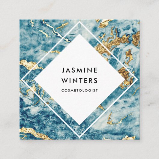 Elegante gouden folie blauw marmer waterverf diama vierkante visitekaartje (Voorkant)