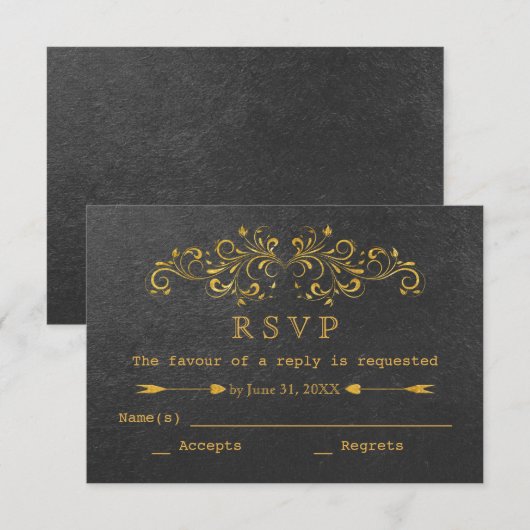 Elegante gouden folie bloeien zwarte bruiloft RSVP (Voorkant / Achterkant)