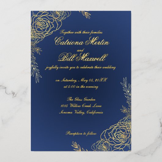 Elegante gouden folie Bloemen bruiloft uitnodiging (Voorkant)