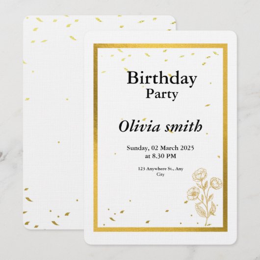 Elegante gouden folie Bloemen Verjaardag Uitnodigi Kaart (Voorkant / Achterkant)