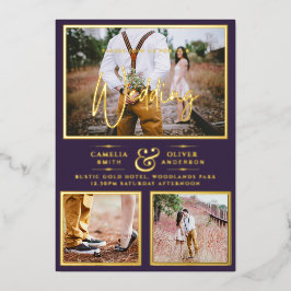 Elegante Gouden Folie Foto Collage Pruim Bruiloft Uitnodiging