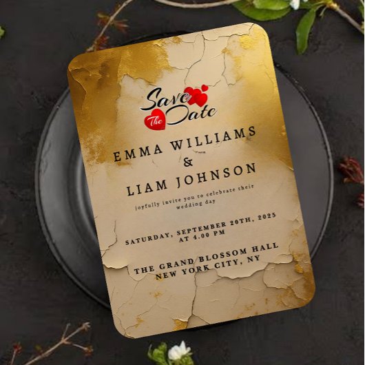 Elegante gouden folie gebarsten textuur bruiloft save the date