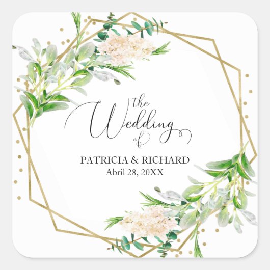 Elegante Gouden Folie Geometrische Groene Bruiloft Vierkante Sticker (Voorkant)