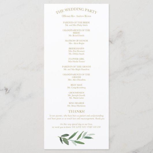 Elegante gouden folie groene trouwprogramma's programmakaart (Achterkant)