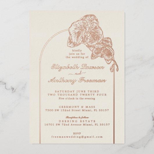 Elegante gouden folie orchidee boog bruiloft uitnodiging (Voorkant)