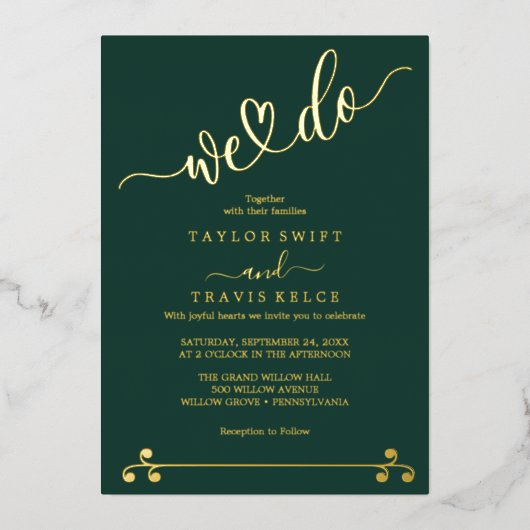 Elegante gouden folie smaragdgroene bruiloft folie uitnodiging (Voorkant)