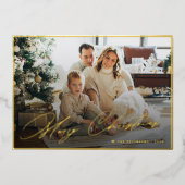 Elegante gouden folie Vrolijk kerstscript 3 foto Folie Feestdagenkaart (Voorkant)