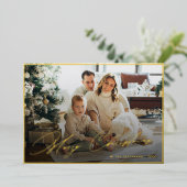 Elegante gouden folie Vrolijk kerstscript 3 foto Folie Feestdagenkaart (Staand Voorkant)