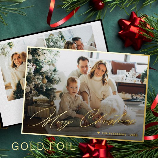 Elegante gouden folie Vrolijk kerstscript 3 foto Folie Feestdagenkaart