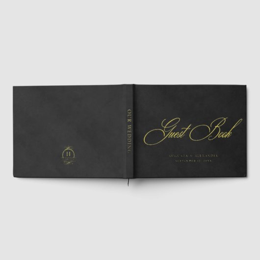 Elegante gouden folie & zwart fluweel imitatie bru gastenboek (Volledig)
