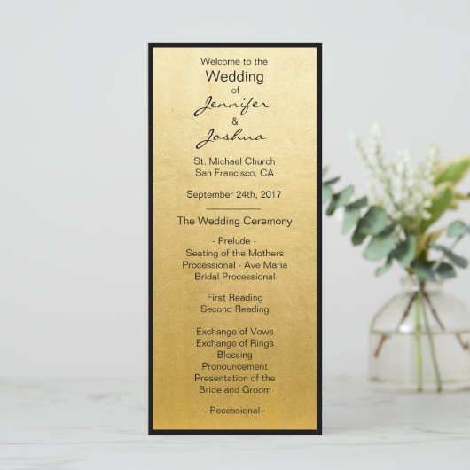 Elegante gouden folie zwart ontwerp bruiloft progr programmakaart (Staand voorkant)