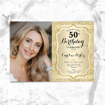 Elegante gouden foto 50e verjaardag kaart<br><div class="desc">Elegante vrouwelijke 50ste verjaardag uitnodiging met uw foto. Glam ontwerp met faux glitter goud. Beschikt over strepen,  scriptlettertype en confetti. Perfect voor een stijlvol volwassen feestje. Personaliseer met je eigen gegevens. Kan voor om het even welke leeftijd worden aangepast! Gedrukte Zazzle-uitnodigingen of direct download digitale afdrukbare sjabloon.</div>