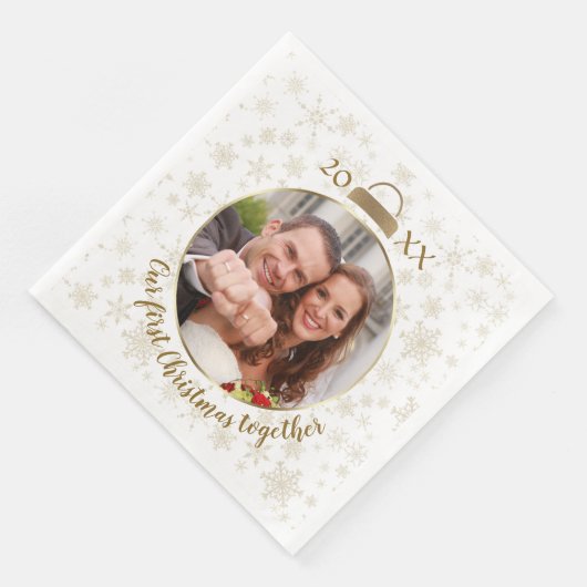 Elegante Gouden Foto Onze Eerste Kerstmis Servet (Hoek)