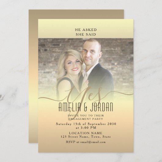 Elegante gouden foto verlovingsfeest uitnodiging (Voorkant / Achterkant)