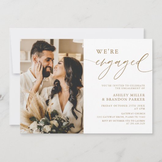 Elegante gouden foto verlovingsfeest uitnodiging (Voorkant)