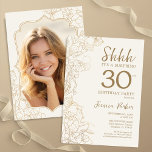 Elegante gouden foto Verrassing 30e Verjaardag Kaart<br><div class="desc">Elegante gouden crème verrassing 30e verjaardag feestuitnodiging met uw foto op de achterkant van de kaart. Trendy modern vrouwelijk ontwerp heeft botanische accenten en typografie script lettertype. Eenvoudige bloemenuitnodigingskaart perfect voor een stijlvol vrouw verrassen dagviering. Kan worden aangepast aan elke leeftijd. Gedrukte Zazzle-uitnodigingen of direct download digitale afdrukbare sjabloon.</div>
