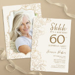 Elegante gouden foto Verrassing 60e Verjaardag Kaart<br><div class="desc">Elegante gouden crème verrassing 60ste verjaardag feestuitnodiging met uw foto op de achterkant van de kaart. Trendy modern vrouwelijk ontwerp heeft botanische accenten en typografie script lettertype. Eenvoudige bloemenuitnodigingskaart perfect voor een stijlvol vrouw verrassen dagviering. Kan worden aangepast aan elke leeftijd. Gedrukte Zazzle-uitnodigingen of direct download digitale afdrukbare sjabloon.</div>