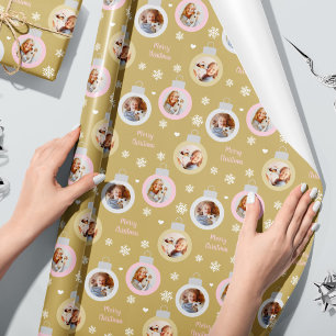 Elegante Gouden Fotodecoraties op Maat voor Kerstm Cadeaupapier