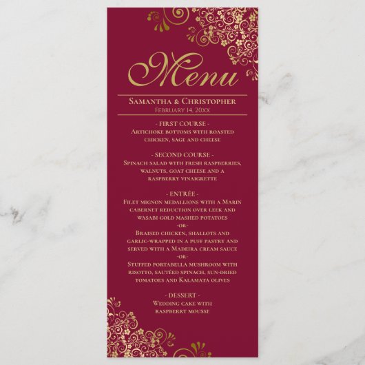 Elegante gouden franjes op bordeaux bruiloft menu (Voorkant)