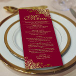 Elegante gouden franjes op bordeaux bruiloft menu<br><div class="desc">Dit prachtige menu zal wat stijl toevoegen aan uw huwelijksreceptie. Het heeft een prachtig ontwerp met gouden faux folie krullen en wervelingen op een bordeaux, kastanjebruin of wijnrood gekleurde achtergrond. Er is ruimte voor de namen van het paar en de trouwdatum, en de tekst is volledig aanpasbaar. Elegant, stijlvol en...</div>