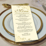 Elegante gouden franjes op crème bruiloft menu<br><div class="desc">Dit prachtige menu zal wat stijl toevoegen aan uw huwelijksreceptie. Het heeft een prachtig ontwerp met  gouden faux folie krullen en wervelingen op een ivoor,  crème of gebroken witte gekleurde achtergrond. Er is ruimte voor de namen van het paar en de trouwdatum,  en de tekst is volledig aanpasbaar.</div>