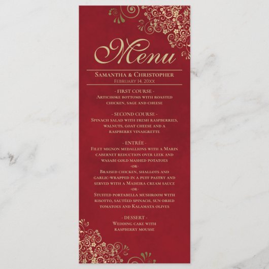 Elegante gouden franjes op Crimson rode bruiloft Menu (Voorkant)
