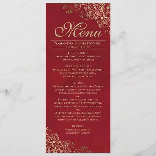Elegante gouden franjes op Crimson rode bruiloft Menu (Voorkant)