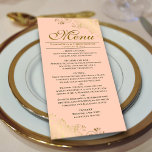 Elegante gouden franjes op koraal perzik bruiloft menu<br><div class="desc">Dit prachtige menu zal wat stijl toevoegen aan uw huwelijksreceptie. Het heeft een prachtig ontwerp met gouden faux folie krullen en wervelingen op een bleke sinaasappel of koraal perzik gekleurde achtergrond. Er is ruimte voor de namen van het paar en de trouwdatum, en de tekst is volledig aanpasbaar. Dit stijlvolle,...</div>